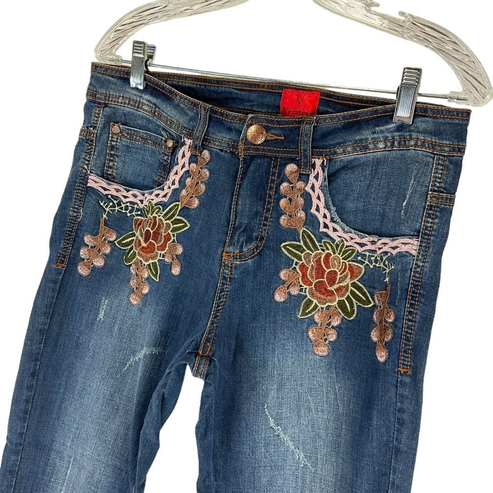 V Christina Jeans Women's 8 Blue Embroidered Mid Rise Skinny Stretch $156 Nwot - Picture 4 of 10